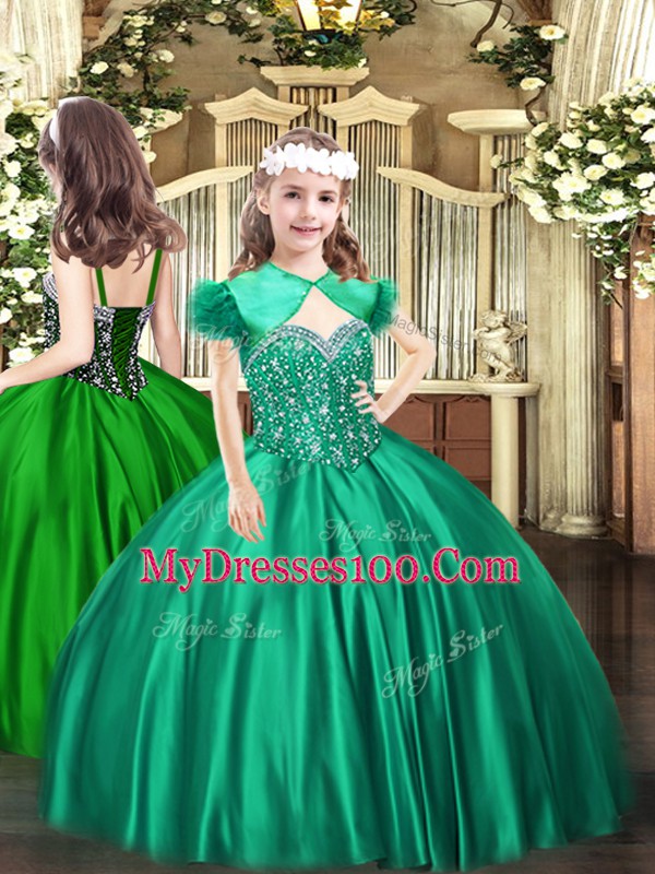 Super Floor Length Lace Up Sweet 16 Quinceanera Dress Green for Military Ball and Sweet 16 and Quinceanera with Beading