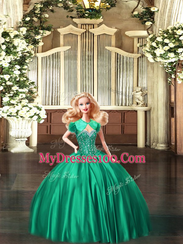 Super Floor Length Lace Up Sweet 16 Quinceanera Dress Green for Military Ball and Sweet 16 and Quinceanera with Beading