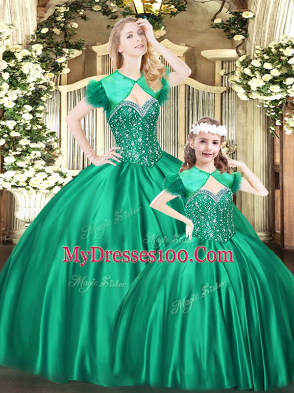 Super Floor Length Lace Up Sweet 16 Quinceanera Dress Green for Military Ball and Sweet 16 and Quinceanera with Beading