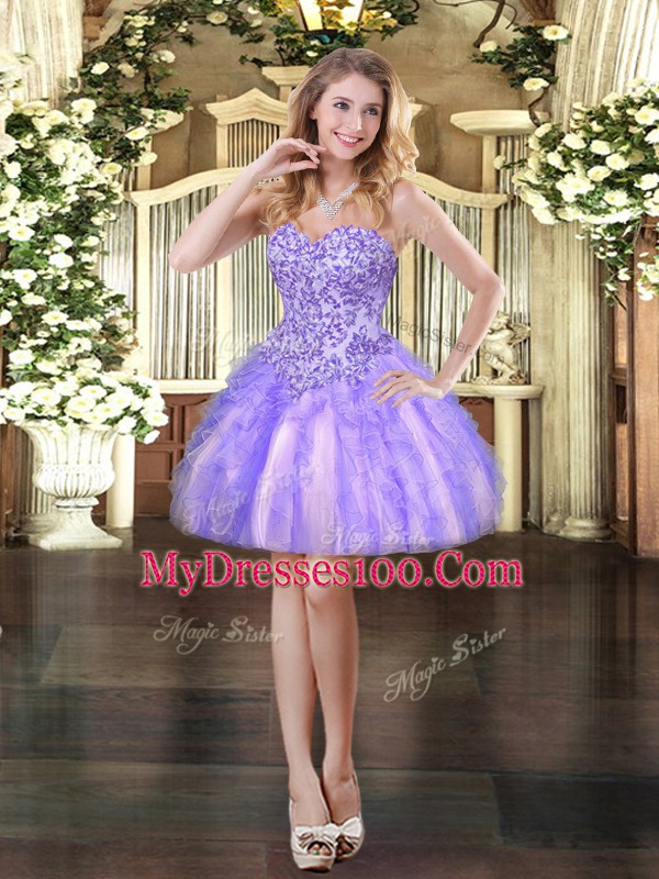 Sleeveless Mini Length Appliques and Ruffles Lace Up Homecoming Dresses with Lavender
