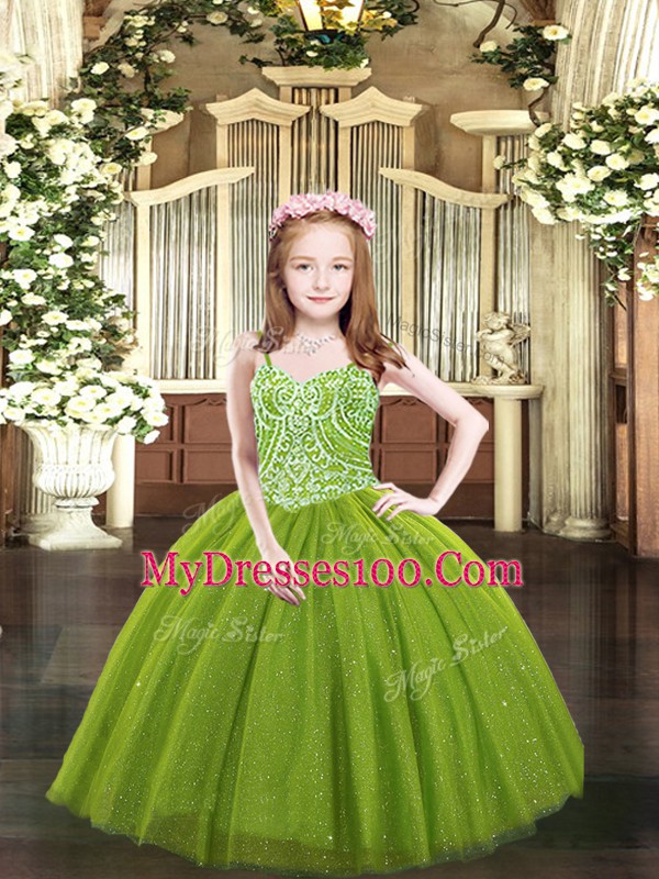Sleeveless Tulle Floor Length Lace Up Winning Pageant Gowns in Olive Green with Beading