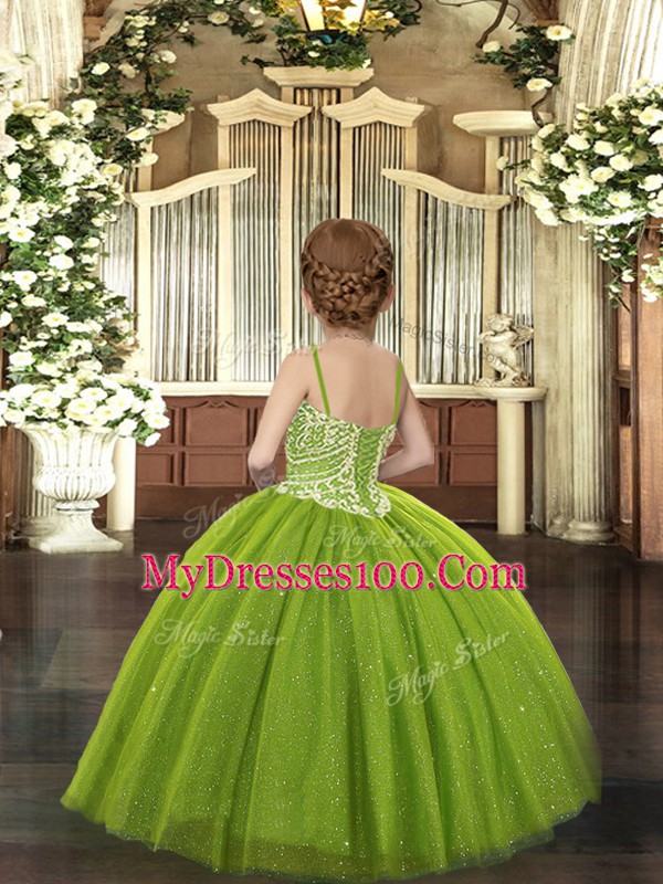 Sleeveless Tulle Floor Length Lace Up Winning Pageant Gowns in Olive Green with Beading