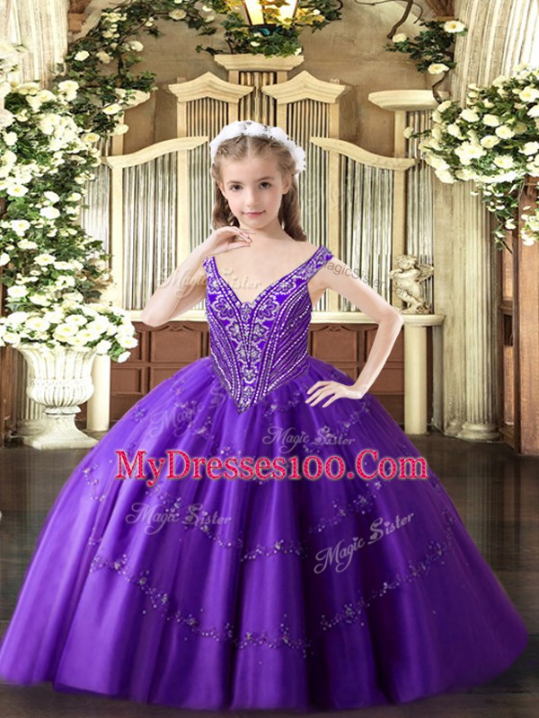 Top Selling Floor Length Purple Custom Made Pageant Dress Tulle Sleeveless Beading and Appliques