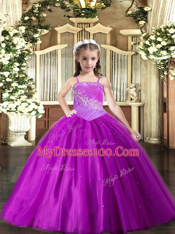 Great Purple Tulle Lace Up Straps Sleeveless Floor Length Girls Pageant Dresses Beading
