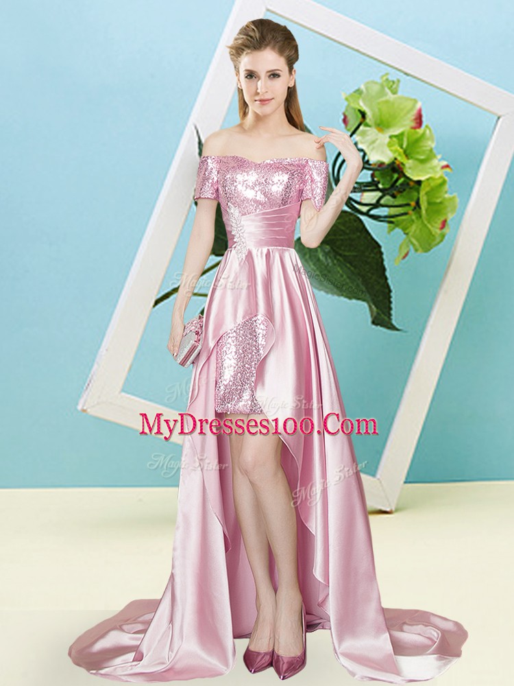 Attractive Short Sleeves High Low Sequins Lace Up Prom Party Dress with Pink