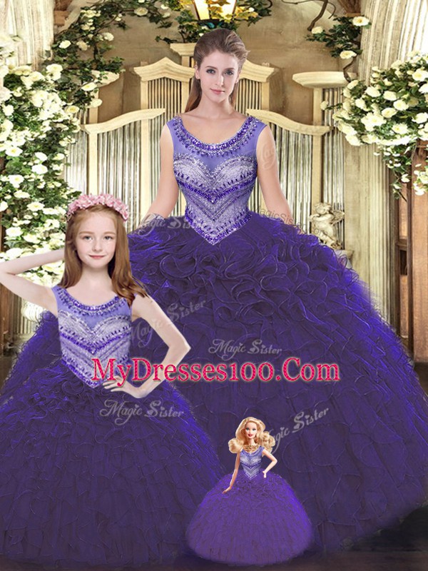 Dark Purple Lace Up Scoop Beading and Ruffles Sweet 16 Dresses Tulle Sleeveless