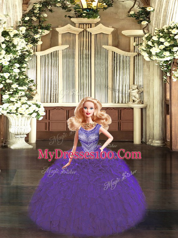 Dark Purple Lace Up Scoop Beading and Ruffles Sweet 16 Dresses Tulle Sleeveless