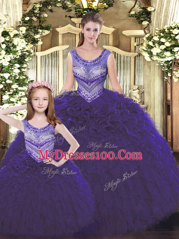 Dark Purple Lace Up Scoop Beading and Ruffles Sweet 16 Dresses Tulle Sleeveless
