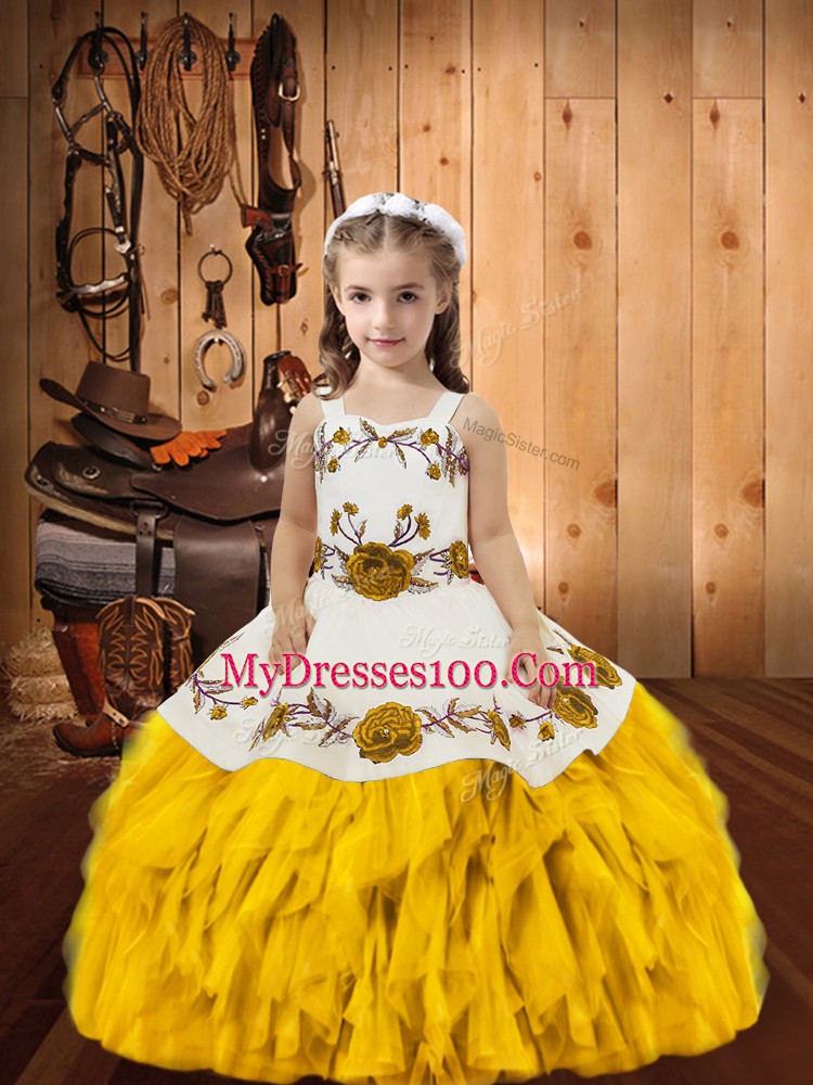 Admirable Gold Sleeveless Floor Length Embroidery and Ruffles Lace Up Pageant Gowns For Girls