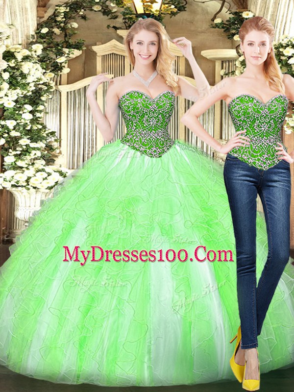 Tulle Sleeveless Floor Length Sweet 16 Quinceanera Dress and Beading and Ruffles