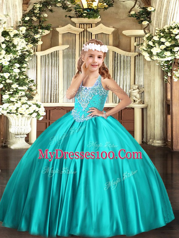 Perfect Floor Length Turquoise Little Girl Pageant Gowns Satin Sleeveless Beading