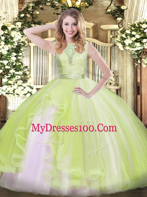 Custom Designed Yellow Green Ball Gowns Scoop Sleeveless Organza Floor Length Backless Lace and Ruffles Sweet 16 Dress