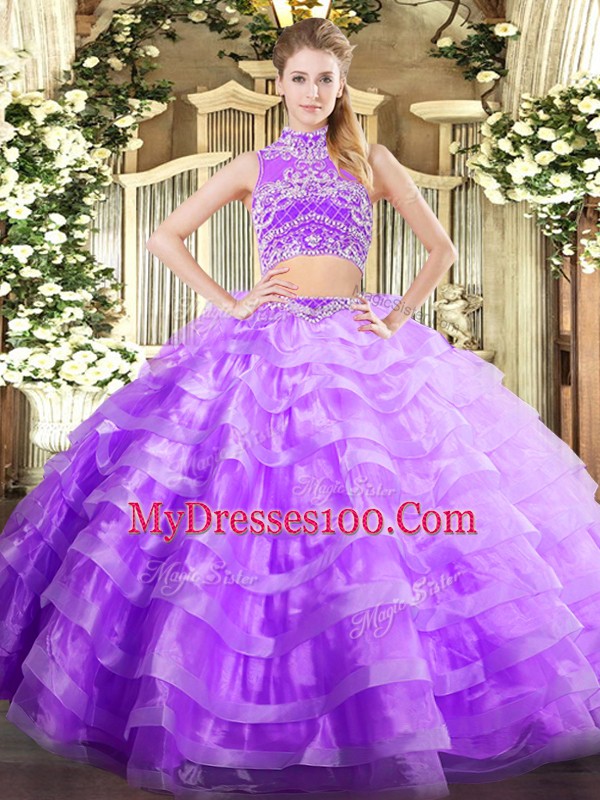 Luxury Sleeveless Floor Length Beading and Ruffled Layers Backless Vestidos de Quinceanera with Lavender