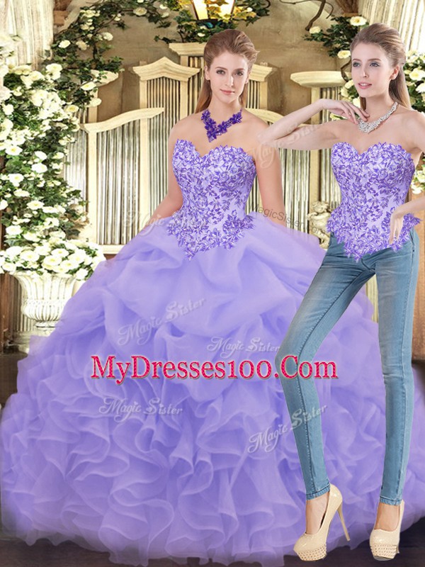 Lavender Sweetheart Neckline Appliques and Ruffles Quinceanera Dress Sleeveless Zipper