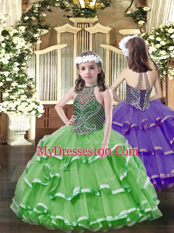 Glorious Halter Top Sleeveless Quinceanera Dresses Floor Length Beading and Ruffled Layers Green Tulle