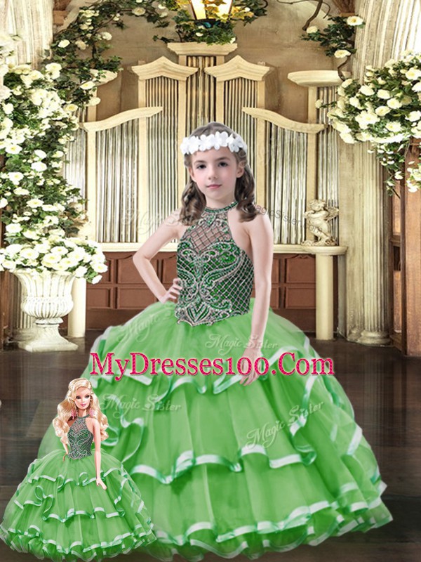 Glorious Halter Top Sleeveless Quinceanera Dresses Floor Length Beading and Ruffled Layers Green Tulle