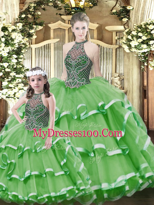 Glorious Halter Top Sleeveless Quinceanera Dresses Floor Length Beading and Ruffled Layers Green Tulle