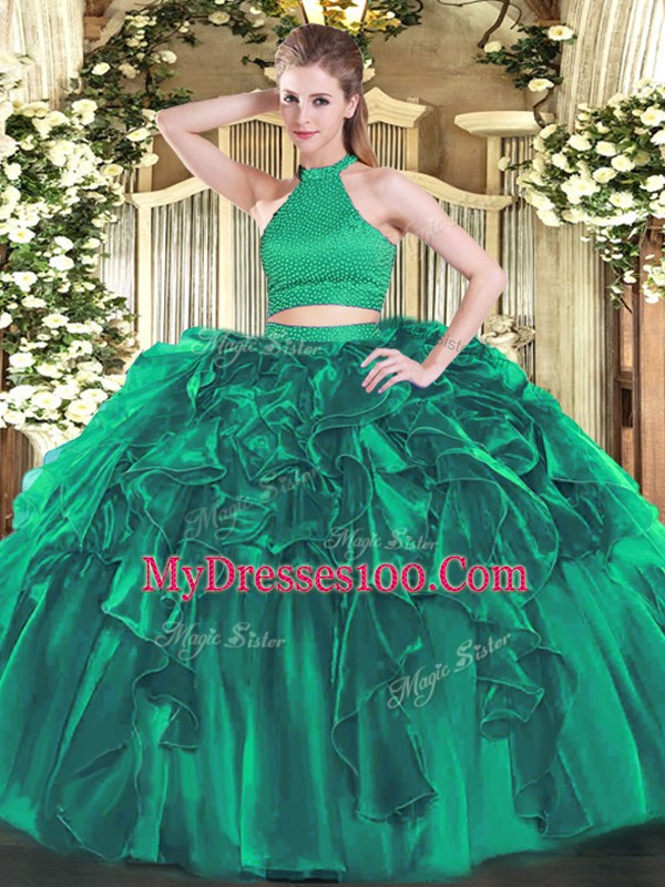 Floor Length Turquoise Sweet 16 Quinceanera Dress Halter Top Sleeveless Backless