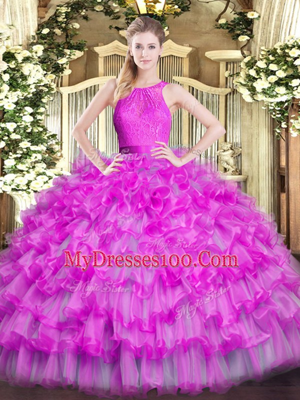 Hot Sale Fuchsia Ball Gowns Scoop Sleeveless Organza Floor Length Zipper Ruffled Layers Quinceanera Gowns