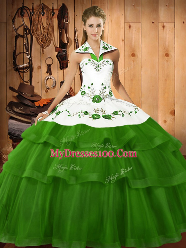 Green Ball Gowns Embroidery and Ruffled Layers Sweet 16 Dress Lace Up Organza Sleeveless