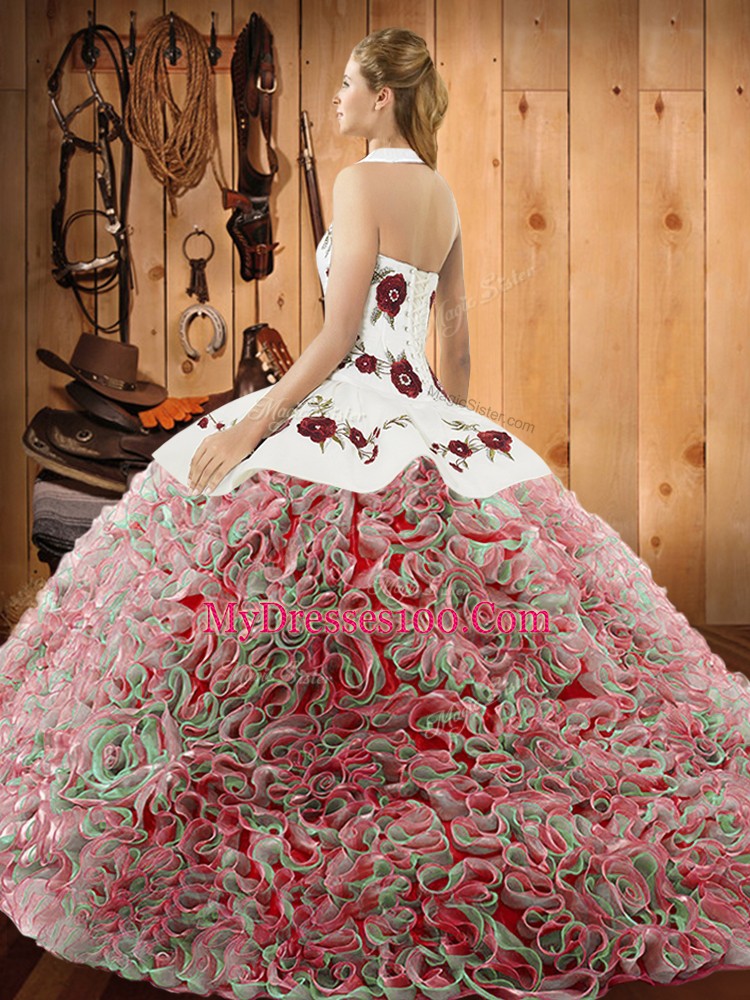 Fantastic Multi-color Sleeveless Fabric With Rolling Flowers Sweep Train Lace Up Sweet 16 Dress for Military Ball and Sweet 16 and Quinceanera