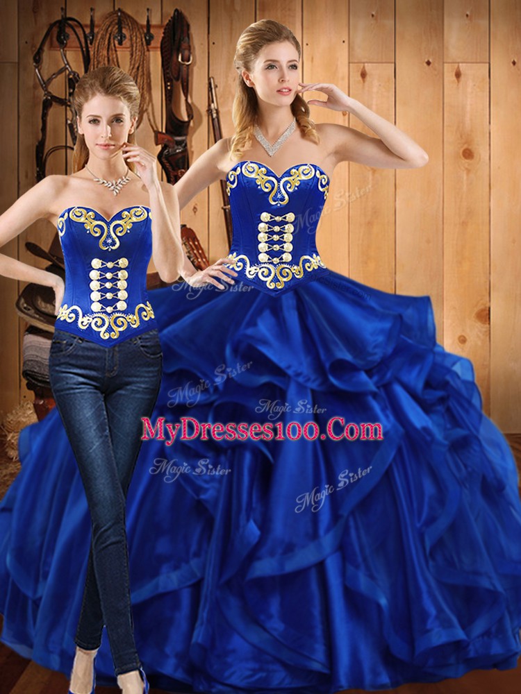 Royal Blue Two Pieces Embroidery and Ruffles Sweet 16 Quinceanera Dress Lace Up Organza Sleeveless Floor Length