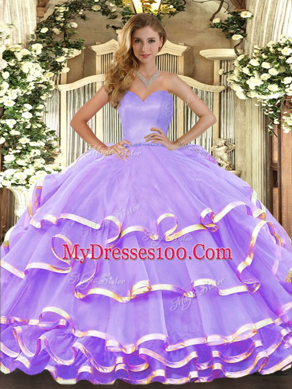 Great Sleeveless Floor Length Ruffled Layers Lace Up Quinceanera Dress with Lavender