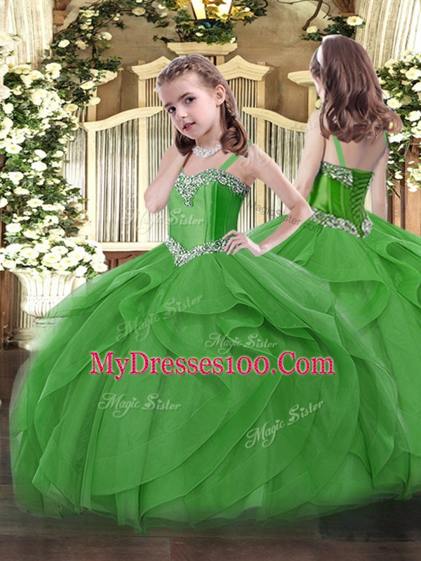Green Tulle Lace Up Little Girls Pageant Gowns Sleeveless Floor Length Beading and Ruffles