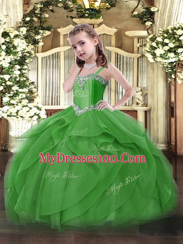 Green Tulle Lace Up Little Girls Pageant Gowns Sleeveless Floor Length Beading and Ruffles