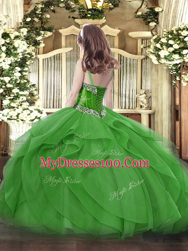 Green Tulle Lace Up Little Girls Pageant Gowns Sleeveless Floor Length Beading and Ruffles