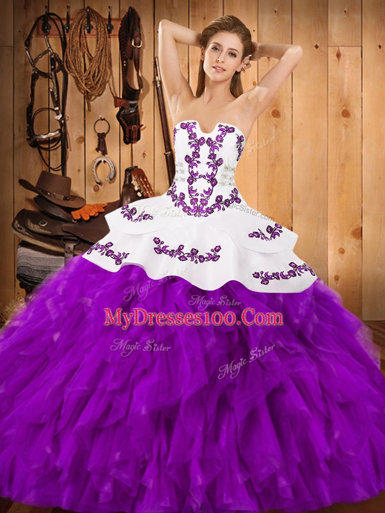 Modest Floor Length Lace Up Quinceanera Gown Eggplant Purple for Military Ball and Sweet 16 and Quinceanera with Embroidery and Ruffles