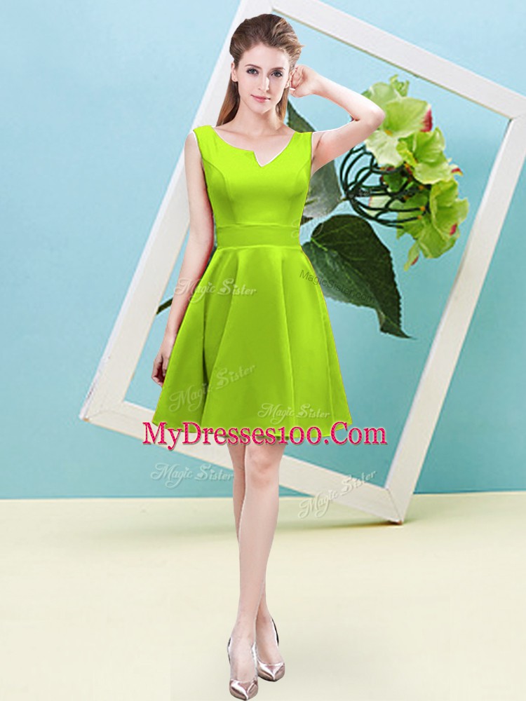 A-line Bridesmaid Gown Yellow Green Asymmetric Satin Sleeveless Mini Length Zipper