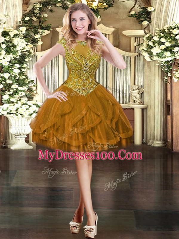 Eye-catching Brown Scoop Neckline Beading and Ruffles Prom Dresses Cap Sleeves Zipper