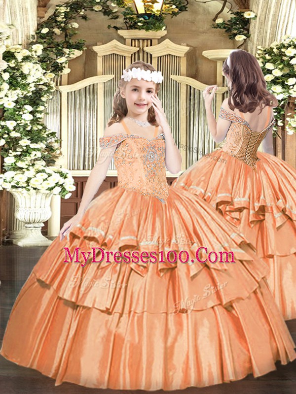 Orange Lace Up Little Girls Pageant Dress Beading and Ruffled Layers Sleeveless Floor Length