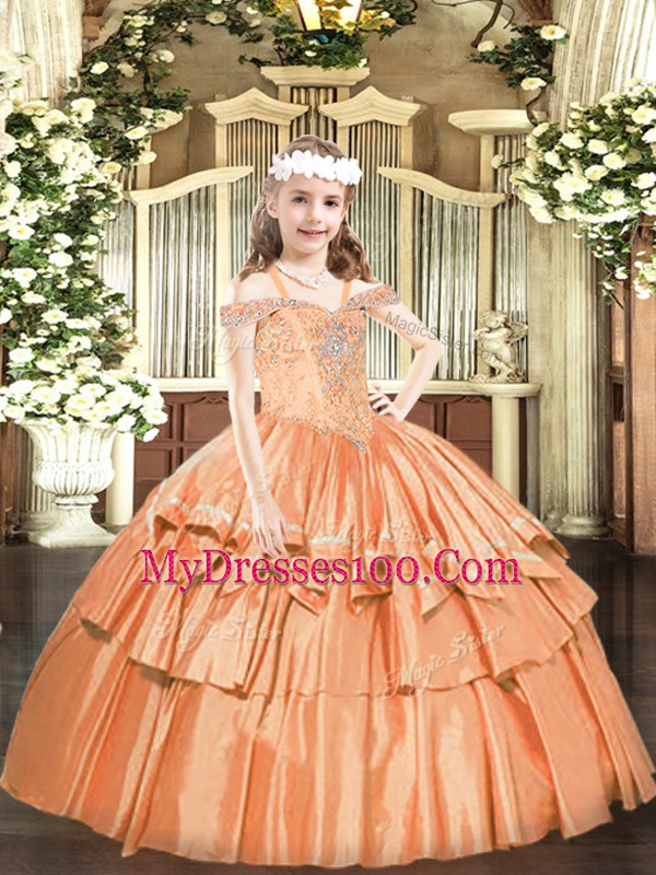 Orange Lace Up Little Girls Pageant Dress Beading and Ruffled Layers Sleeveless Floor Length