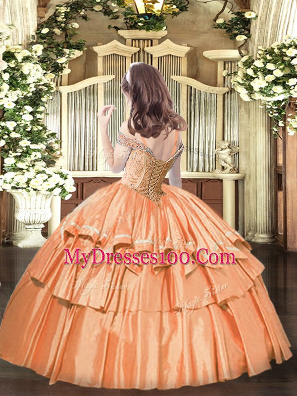 Orange Lace Up Little Girls Pageant Dress Beading and Ruffled Layers Sleeveless Floor Length