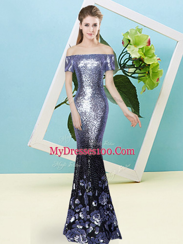 Unique Blue Off The Shoulder Zipper Sequins Evening Dress Short Sleeves