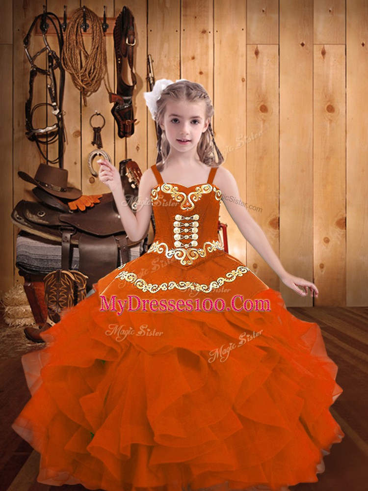 Embroidery and Ruffles Kids Formal Wear Orange Red Lace Up Sleeveless Floor Length