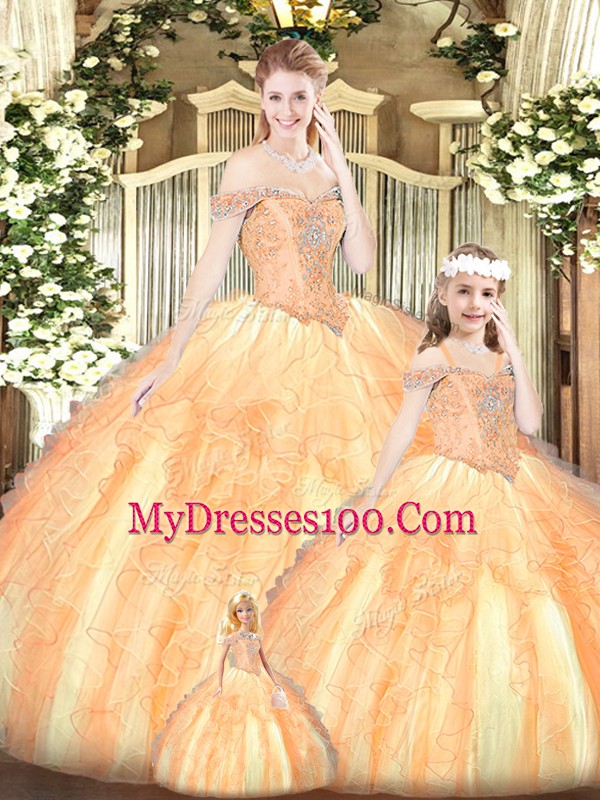 Romantic Orange Red Sleeveless Beading and Ruffles Floor Length Quinceanera Gowns