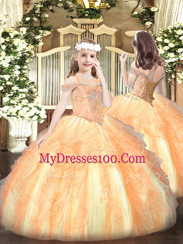 Romantic Orange Red Sleeveless Beading and Ruffles Floor Length Quinceanera Gowns