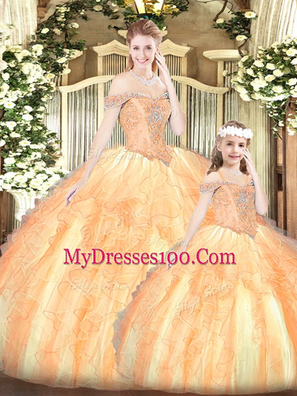 Romantic Orange Red Sleeveless Beading and Ruffles Floor Length Quinceanera Gowns