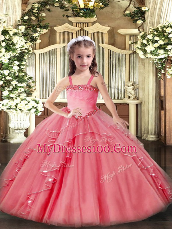 Customized Watermelon Red Ball Gowns Straps Sleeveless Organza Floor Length Lace Up Appliques and Ruffles Little Girls Pageant Dress Wholesale