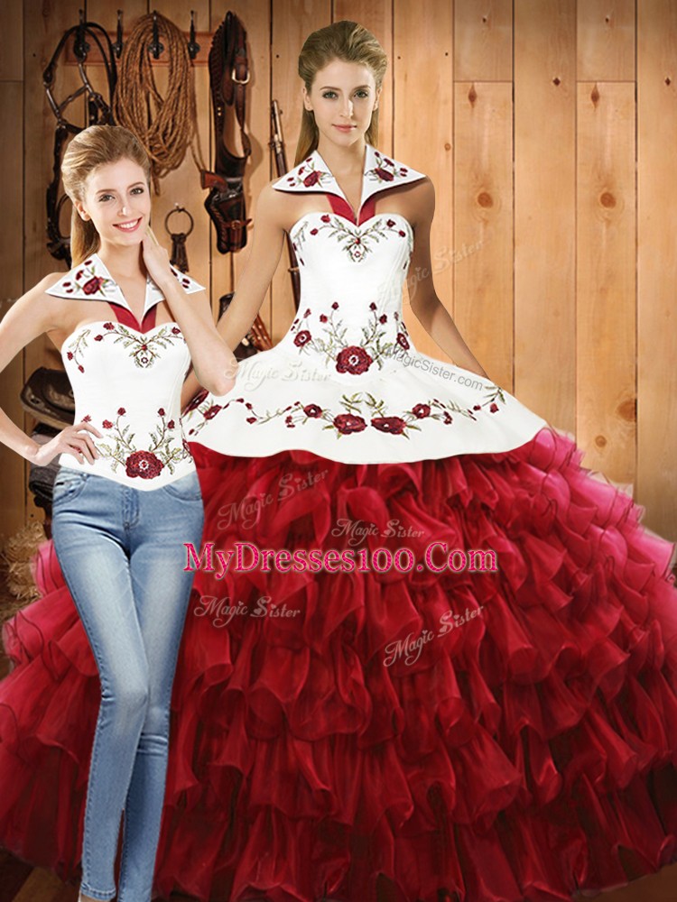 Amazing Red Sleeveless Floor Length Embroidery and Ruffled Layers Lace Up Ball Gown Prom Dress