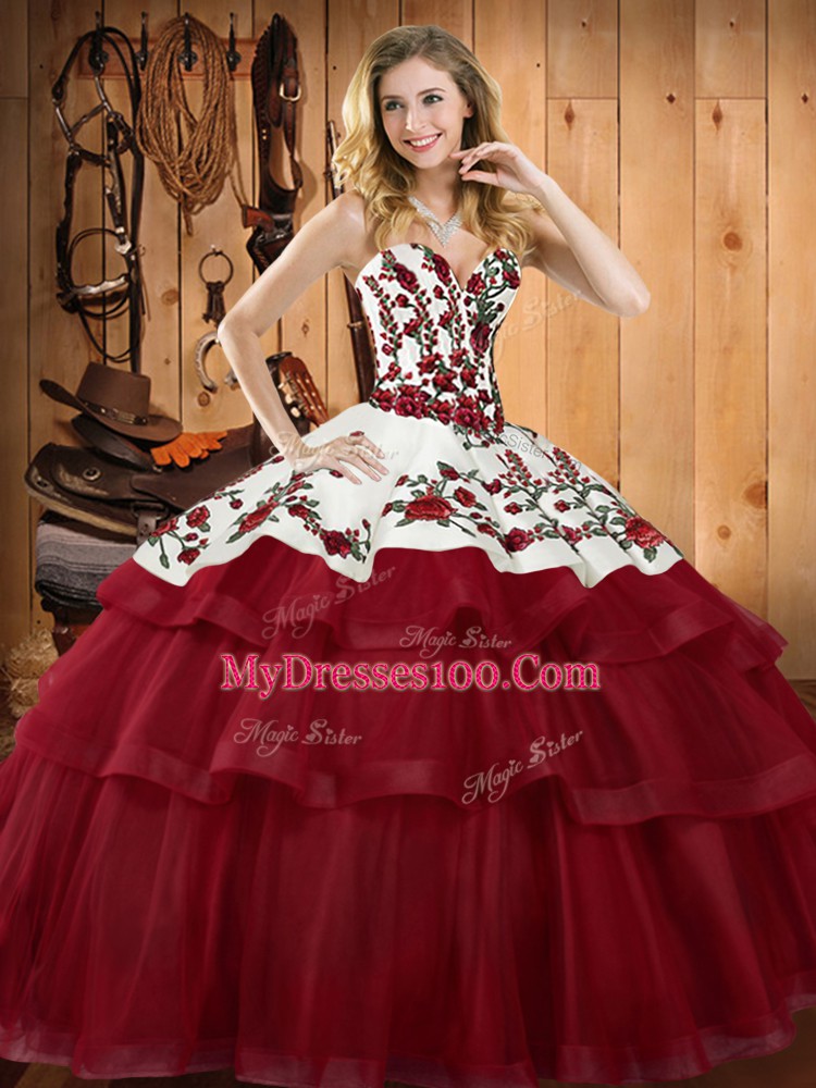 Gorgeous Wine Red Sleeveless Organza Sweep Train Lace Up Quinceanera Gowns for Military Ball and Sweet 16 and Quinceanera