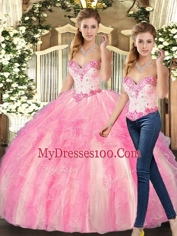 Floor Length Rose Pink Quinceanera Gowns Sweetheart Sleeveless Lace Up