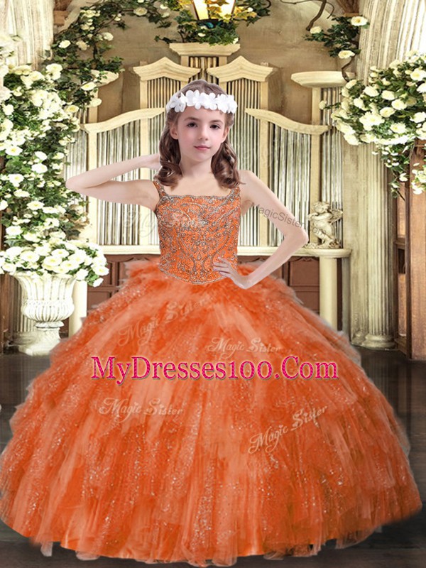 Orange Red Organza Lace Up Straps Sleeveless Floor Length Girls Pageant Dresses Beading and Ruffles