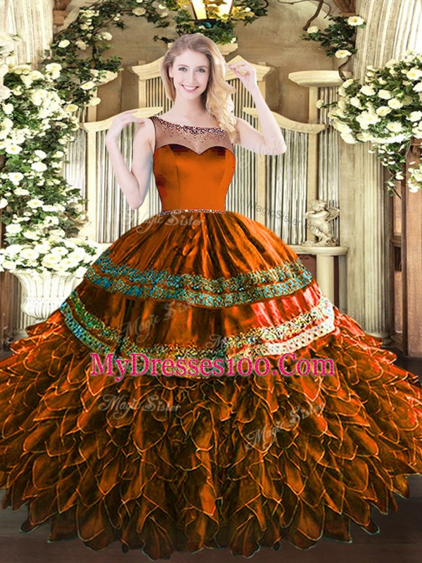 Ball Gowns Sweet 16 Dresses Rust Red Scoop Organza and Taffeta Sleeveless Floor Length Zipper