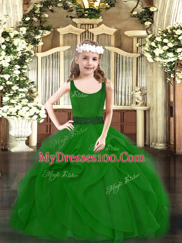 Exquisite Dark Green Zipper Scoop Beading and Ruffles Evening Gowns Tulle Sleeveless