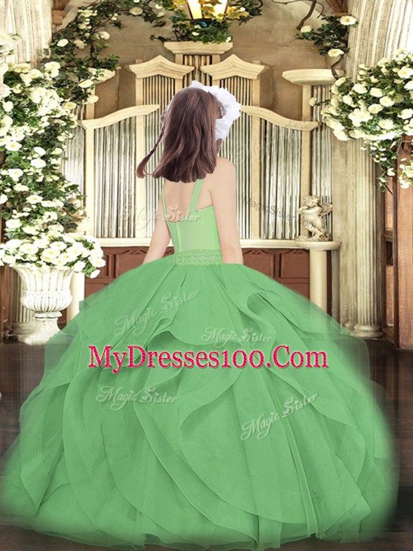 Exquisite Dark Green Zipper Scoop Beading and Ruffles Evening Gowns Tulle Sleeveless