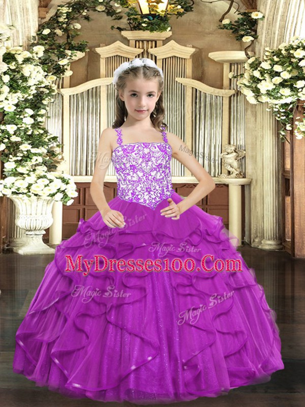 Trendy Purple Lace Up Pageant Dress Toddler Beading and Ruffles Sleeveless Floor Length